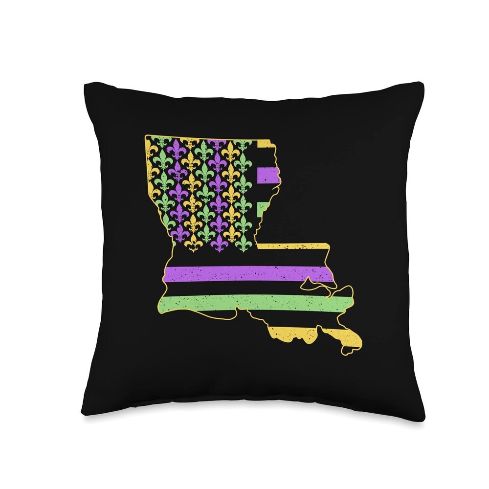 7138 Vintage US New Orleans Mardi Gras Flag Fleur De Lis Map Throw Pillow